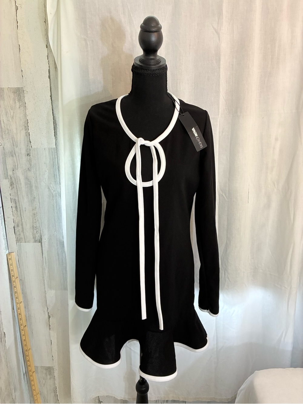 Fashion Nova Black Long-Sleeve Tie-Neck Flounce Dress with White Trim